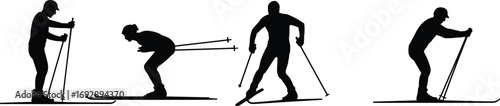 Silhouette vector illustration of people skiing with poles, winter sport activity, cross country skiing, downhill skiing, snow sport outdoor adventure graphic