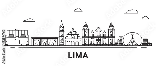 Lima Line Art skyline horizontal banner. Lima, Peru. Vector template for your design. with white background