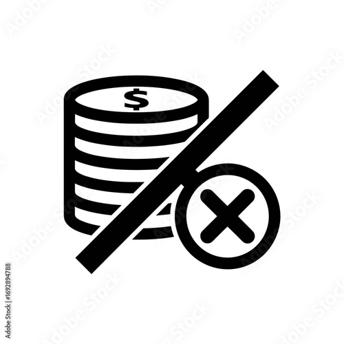 Concept of a rejected loan with coins and a cross, financial rejection on a transparent background