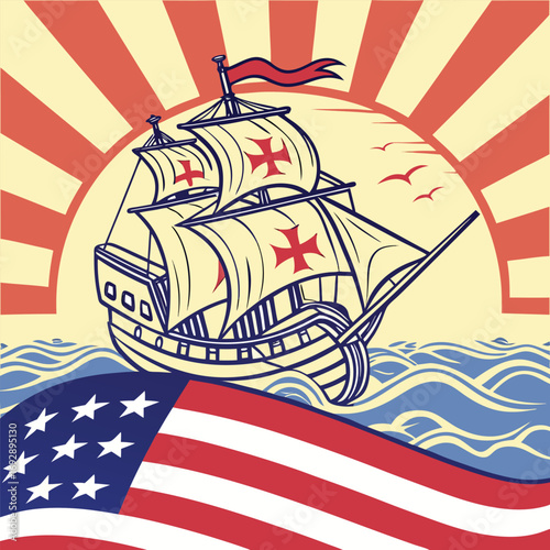 Vintage sailing ship with American flag and sunburst
