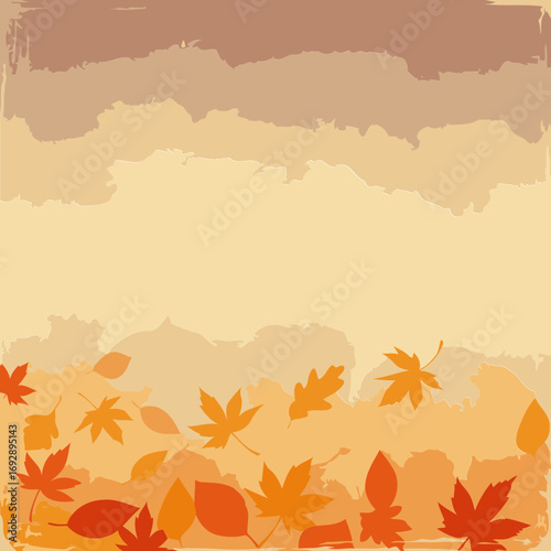Autumnal falling leaves background with warm tones. Decorative design with scattered leaves of various hues and textures, creating a gentle, seasonal ambiance.