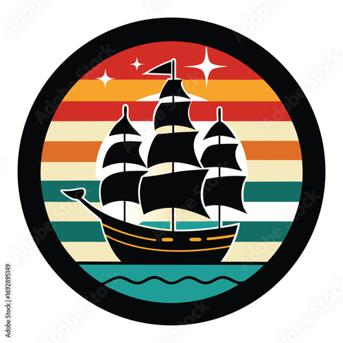 Vintage Tall Ship Silhouette on Retro Sunset Background