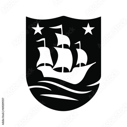 A majestic sailing ship or boat gracefully navigating the high seas. Above the ship are two stars, symbolising guidance and direction.