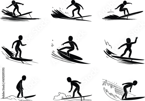 Surfing silhouette vector illustration, surfer riding waves, extreme water sport, summer beach activity, ocean lifestyle, adventure design, surfing motion, coastal fun, surf art