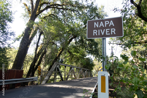 Napa River Sign with Bridge in Rutherford, California
