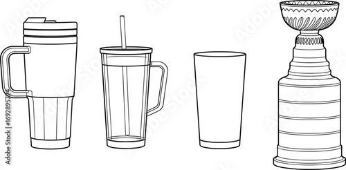 Vector illustration of drinking mugs, reusable cups, travel tumblers, glassware, trophy cup design, beverage containers, line art outline, kitchen drinkware collection