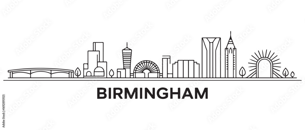 Obraz premium Birmingham Line Art skyline horizontal banner. Birmingham, Alabama. Vector template for your design. with white background