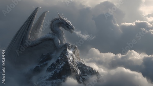 Majestic white dragon soaring through ethereal clouds under soft sunlight