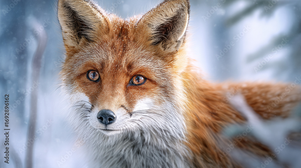 Obraz premium Close up portrait of a red fox with amber eyes in a snowy winter forest setting outdoors