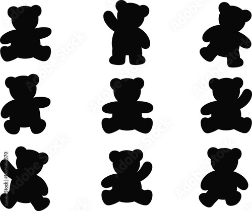 Vector illustration of teddy bear silhouettes in different poses, cute stuffed toy outline collection, playful bear icons, children’s toy design elements