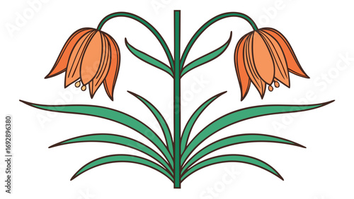 Flat Clean Vector Illustration Orange Crown Imperial Flowers Green Leaves