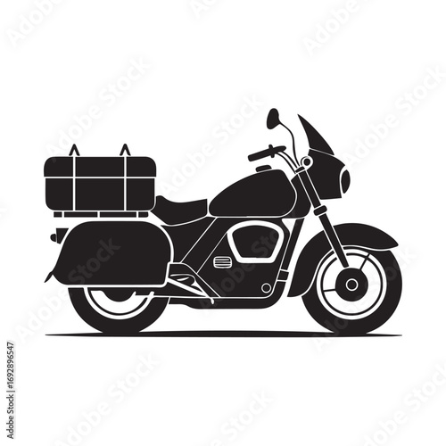 Black silhouette of a touring motorcycle with saddlebags and a trunk, isolated on white background