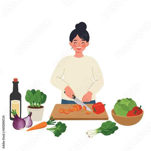 Vibrant 2D flat vector illustration depicts a happy person chopping fresh carrots, bell peppers, and spinach on a wooden cutting board in a minimalist kitchen.