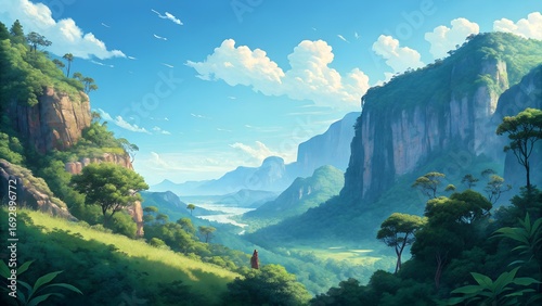Vibrant Anime Style Lush Valley Landscape Overlooking Towering Cliffs Serene River Distant Mountains Under Clear Blue Sky Clouds Greenery
