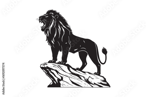 Majestic roaring lion silhouette standing proudly on a rocky outcrop