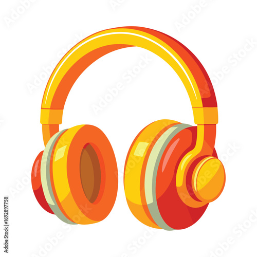 Colorful cartoon headphones with orange and yellow stripes, isolated on white background