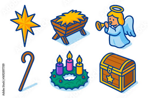 isometric nativity and advent icons – bethlehem star, christmas manger, herald angel, shepherd staff, advent wreath