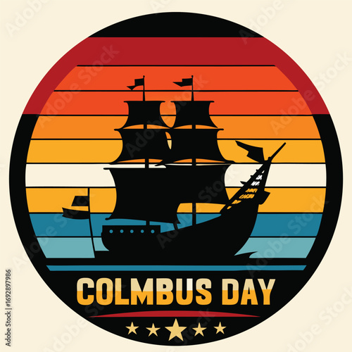 Columbus Day circular badge with vintage ship and sunset