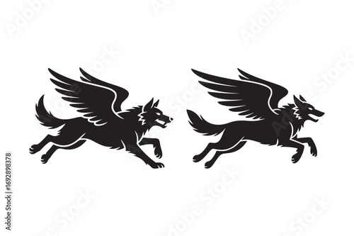 Two black silhouette winged wolves running side by side