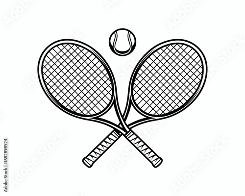 Tennis racquets crossed with ball top view sketch style sport equipment