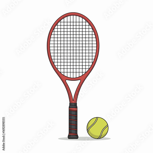 Red tennis racquet and yellow ball ready for a match on a clean surface
