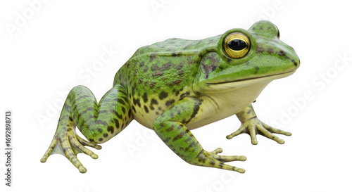 Detailed close-up studio portrait of a vibrant green frog showcasing its textured skin and alert eyes against a neutral backdrop transparent background