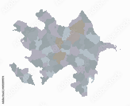 Azerbaijan dotted map. Digital style map of the country on white background. Azerbaijan shape with circle dots. Colored dots style. Small size circles. Plain vector illustration.