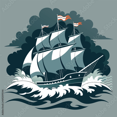 Majestic sailing ship on stormy seas Keywords: sailing ship, tall ship, schooner, galleon