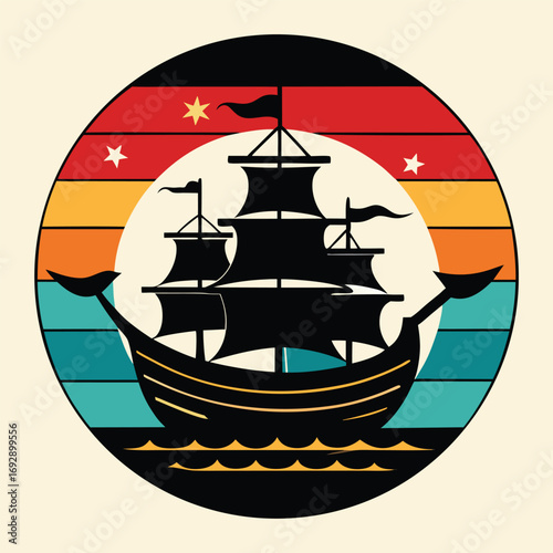 Retro Circle Emblem of a Sailing Ship at Sunset tall ship