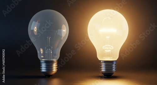One lit light bulb next to a dark unlit bulb