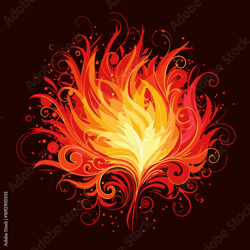 Abstract fiery floral design on a dark background. Intricate swirls and shapes in shades of red and orange. Graphic design element for digital use.