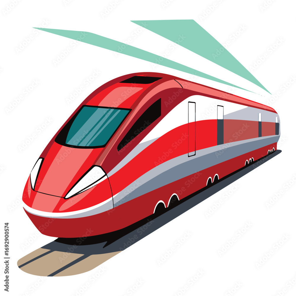 Fototapeta premium Red highspeed train with white and gray stripes, isolated on white background, symbolizing modern transportation and fast travel