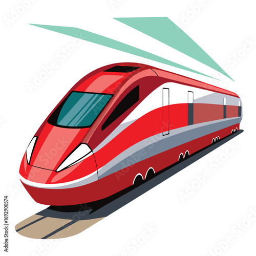 Red highspeed train with white and gray stripes, isolated on white background, symbolizing modern transportation and fast travel