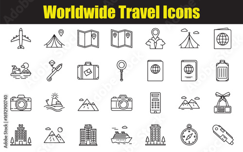 Collection of modern line art icons representing worldwide travel and adventure.
