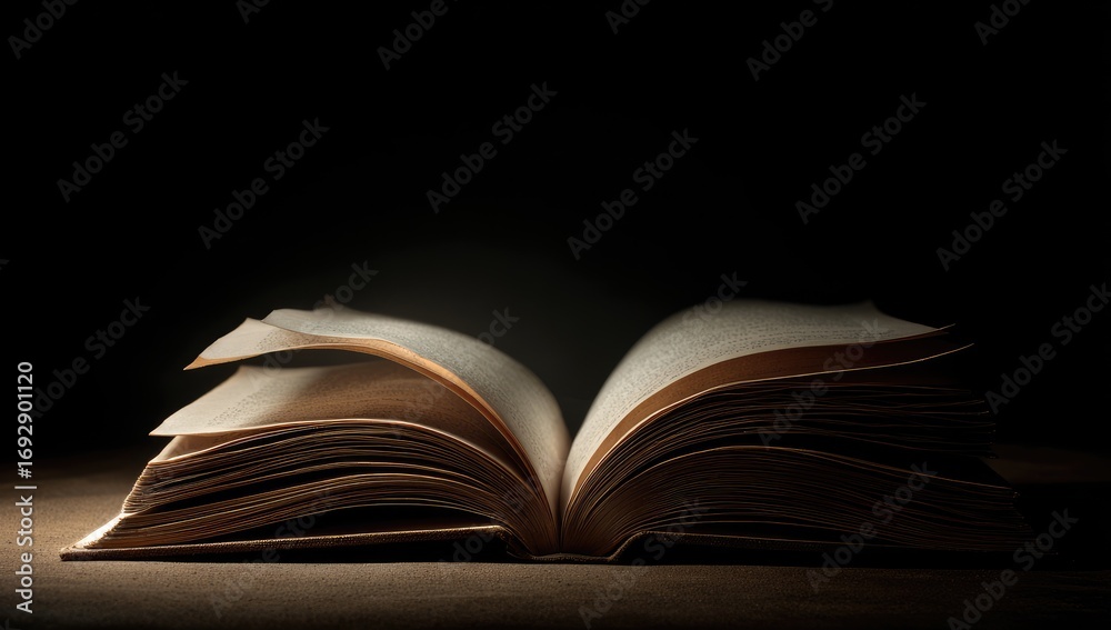 Fototapeta premium Open book, illuminated, dark background