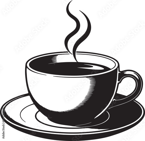 Black and white illustration of a steaming coffee cup and saucer hot beverage