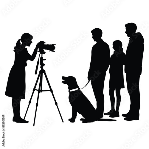 Black and white silhouette illustration of a photography session with a woman photographer, family group, and dog on white background