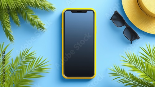 Blank smartphone screen on blue background with summer accessories and tropical palm leaves