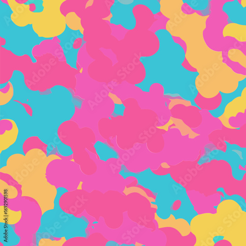 Abstract colorful pattern with pink, yellow, and teal blobby shapes. Vibrant design with no people or objects.