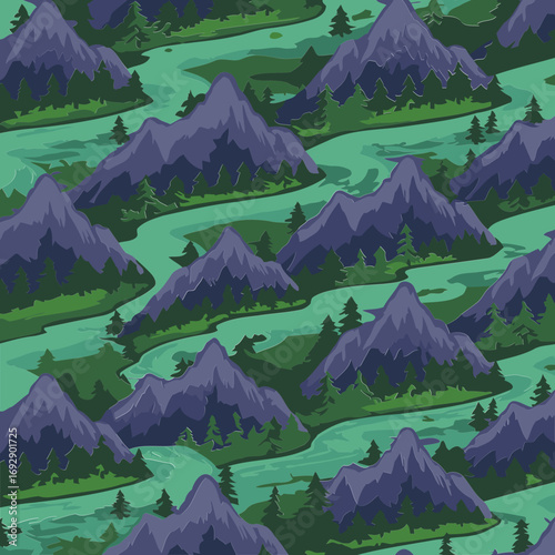 Mountainous river landscape with winding waterways and evergreen forests. Repeating pattern of natural scenery with varied mountain peaks and lush forest foliage.