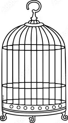 Vintage bird cage vector illustration, hand-drawn empty cage with curved bars, minimalist design, perfect for decorative, antique, and interior design themes.