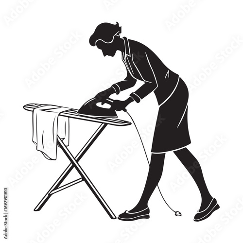 Silhouette of woman ironing clothes isolated on white background for household chores, domestic work, and vintage fashion style