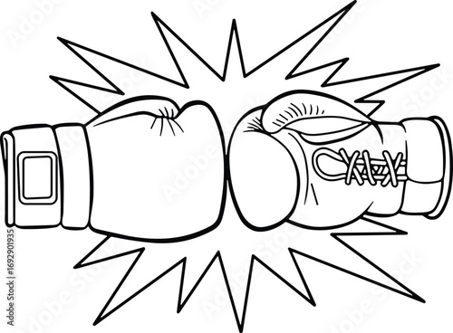 Boxing gloves clash with explosion effect, fighting concept, sports competition, black and white outline, hand-drawn sketch, retro comic style