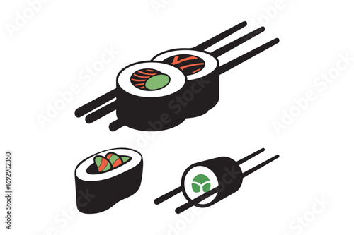 Hand drawn sushi rolls with chopsticks on white background