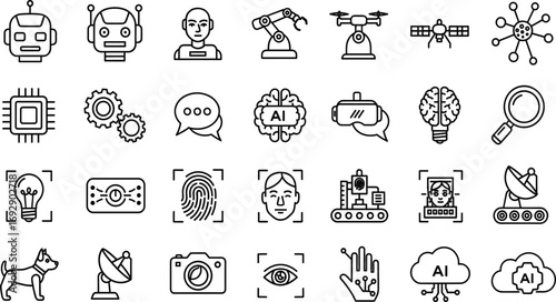AI icon set, black and white, robot, microchip, neural network, scanning, circuits, cloud, vector, isolated, technology bundle