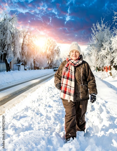 Woman walking on snowy street at winter sunrise