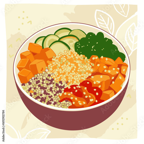 Vibrant illustration of a complete bowl of nutritious food. Colorful ingredients layered to display variety and appeal to healthy lifestyle consumers.