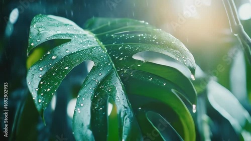 Wallpaper Mural Lush Rain-Kissed Monstera Leaf, Tropical Nature Close-Up Torontodigital.ca