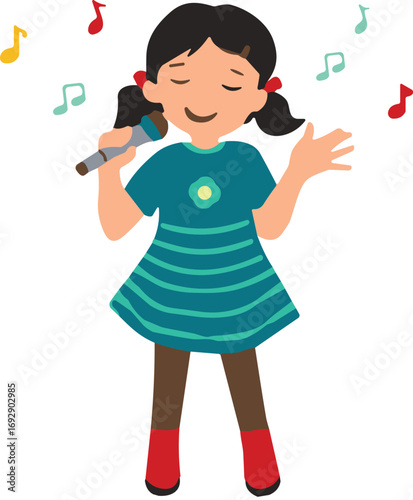 Cartoon girl singing with microphone, musical notes floating around, wearing striped dress, cad drawing flat vector illustration, isolated on white background
