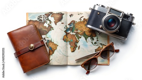 Travel essentials laid out on world map camera vintage camera.